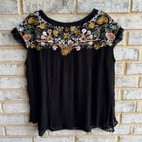 Seen Worn Kept Flowy Short Sleeve Embroidered Boho Black Blouse Women's Size S - Picture 2 of 6